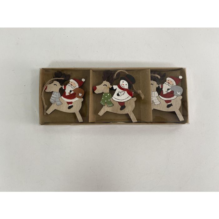 DKD Home Decor Adorno Colgante Navideño de Reno Tradicional MDF Rojo y Natural Set de 3 piezas 1.5 x 8 x 21.2 cm