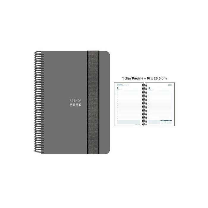 Agenda Anual (2026) Senfort Unicolor Espiral Tapa Pp Con Goma 160X235 D/P Gris