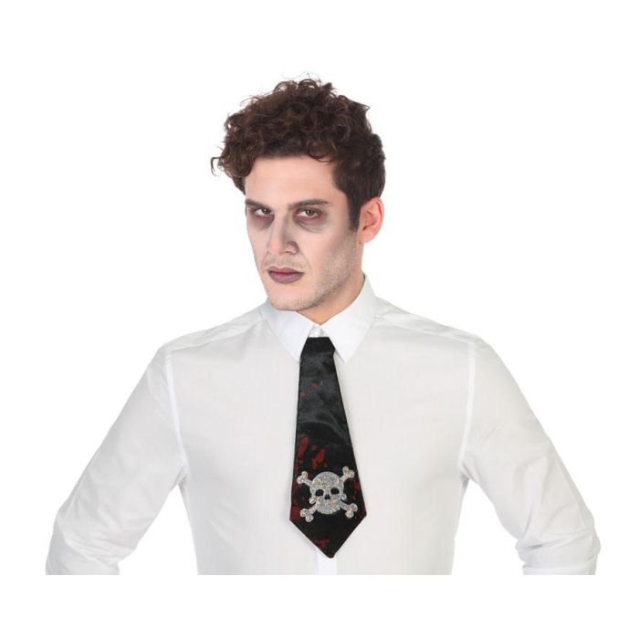 Corbata Negra Calavera y Manchas de Sangre para Halloween - Accesorio Disfraz de Zombie, Pirata o Gótico de Polyester