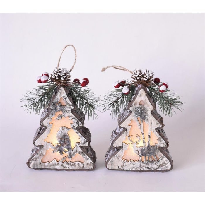DKD Home Decor Set 4 Colgantes Decoración Navidad Alpina Árbol MDF LED Natural 14cm Alto Surtido
