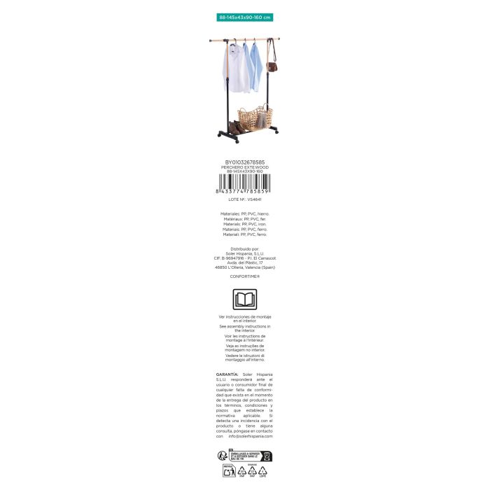 Confortime Perchero Extensible de Madera, Ajustable 88-145 x 43 x 90-160 cm para Ropa (6 Unidades) 5