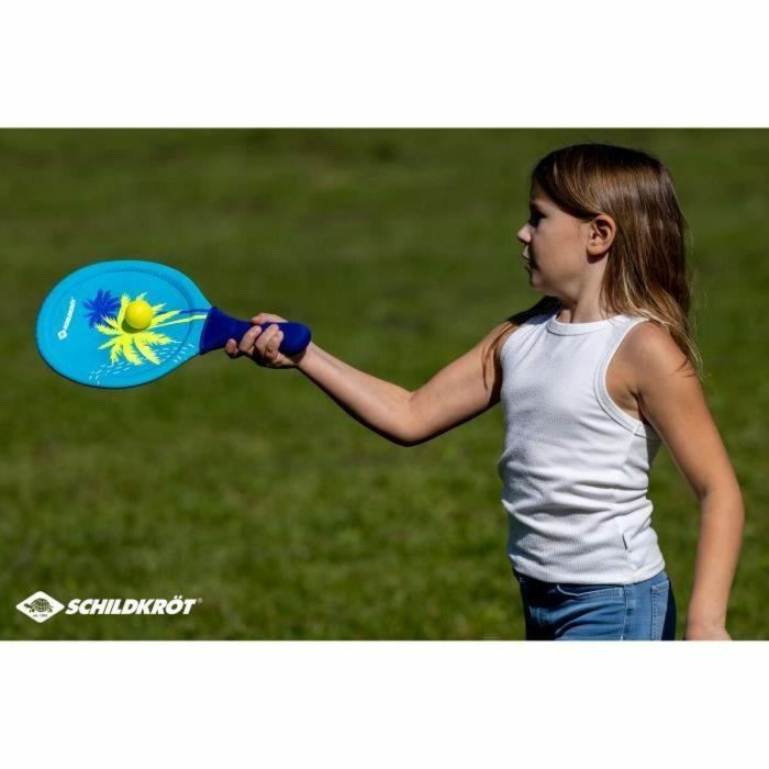 SCHILDKROT Raquetas de Beachball Neopreno Amarillo/Azul con Estampado Verde, 2 Pelotas Ø40mm y Bolsa de Malla 2 SCHILDKROT Raquetas de Beachball Neopreno Amarillo/Azul con Estampado Verde, 2 Pelotas Ø40mm y Bolsa de Malla 2