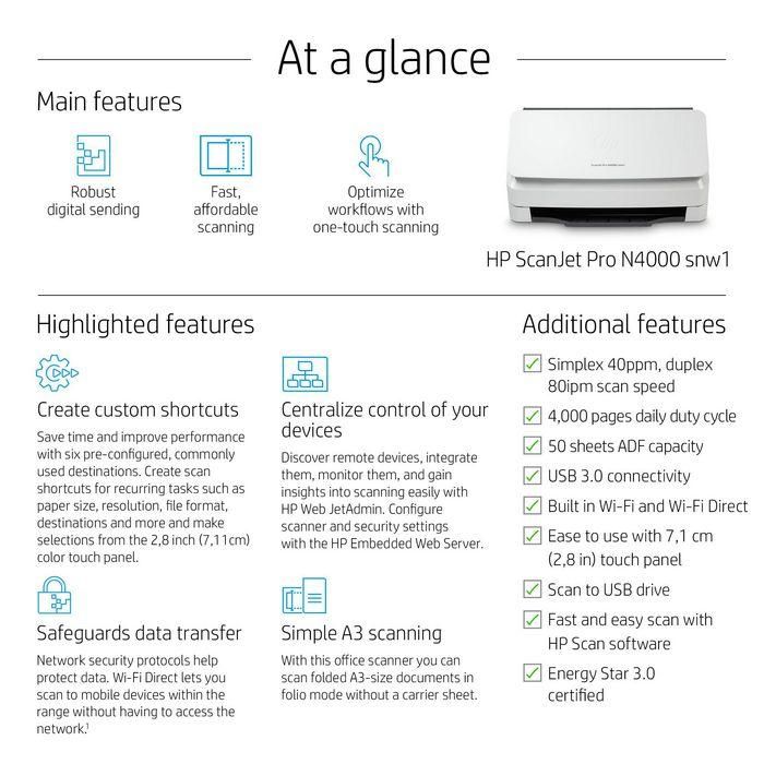 HP N4000 snw1 ScanJet Pro Escáner Documental Color Alimentación de Hoja 40ppm/80ipm ADF 50 Páginas 4000 Páginas/Día 3