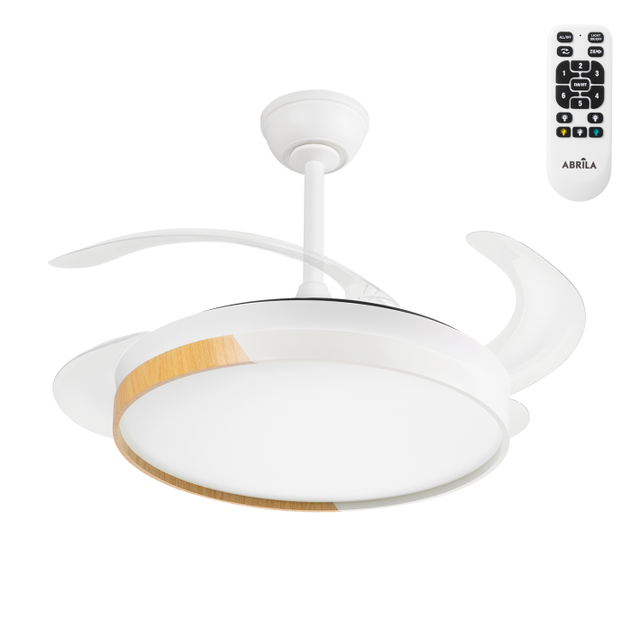 Ventilador Techo LED Blanco/Haya 45W 4400LM CCT DC Ultra Silencioso, Palas Retráctiles, Mando, Verano/Invierno