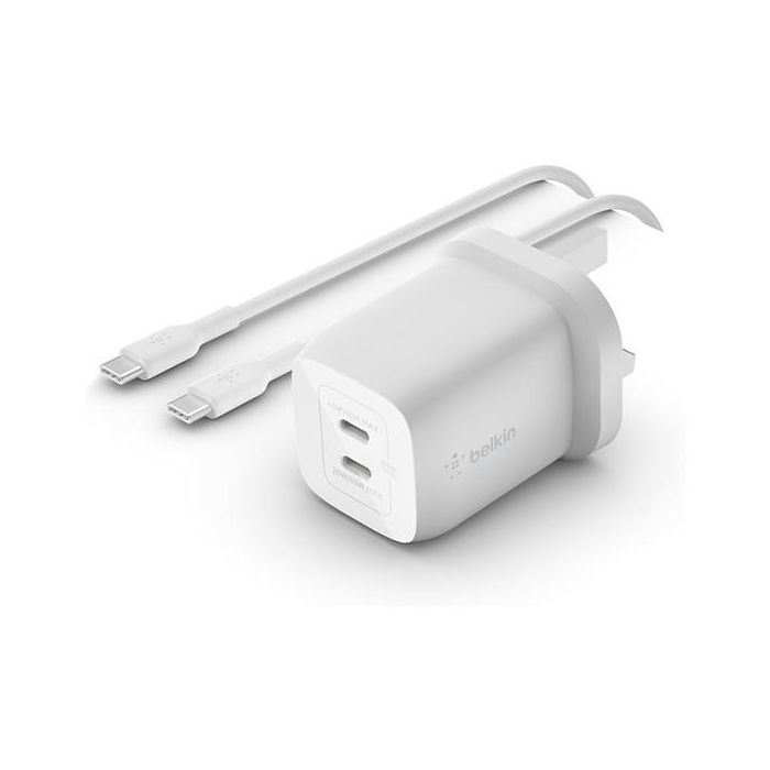 Belkin Cargador USB-C GaN 65W WCH013VF2MWH-B6 con Cable de 2m, Doble Puerto, Pared, PD 3.0 y PPS para Portátil, Smartphone y Tablet - Blanco Belkin Cargador USB-C GaN 65W WCH013VF2MWH-B6 con Cable de 2m, Doble Puerto, Pared, PD 3.0 y PPS para Portátil, Smartphone y Tablet - Blanco