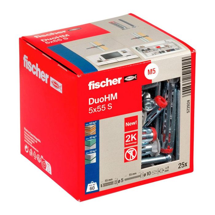 Fischer Tacos Duo HM con Tornillos, Ø5 x 55 mm Taco y Ø10 x 55 mm Tornillo, Kit de 25 Unidades para Fijación en Pared