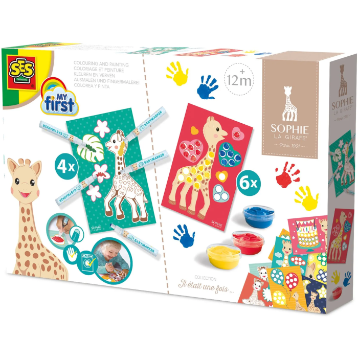 Ses Creative Sophie la Jirafa Kit 2 en 1 para Colorear y Pintar con Cartas, Pintura y Marcadores para Bebés