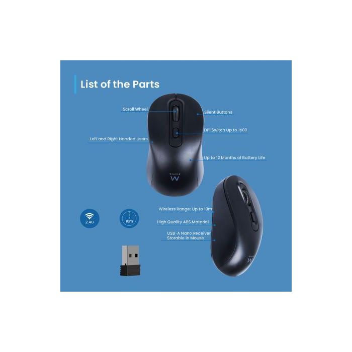 Ewent EW3218 Ratón óptico inalámbrico con clics silenciosos, 800-1600 DPI, receptor USB-A nano, 4 botones, ambidiestro, negro, pilas AA incluidas. 3 Ewent EW3218 Ratón óptico inalámbrico con clics silenciosos, 800-1600 DPI, receptor USB-A nano, 4 botones, ambidiestro, negro, pilas AA incluidas. 3
