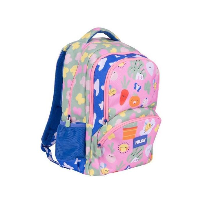 Milan Mochila Escolar 25L Serie Green & Grow, 4 Cremalleras, Compartimento Protector Portátil, Diseño Botánico Rosa Verde