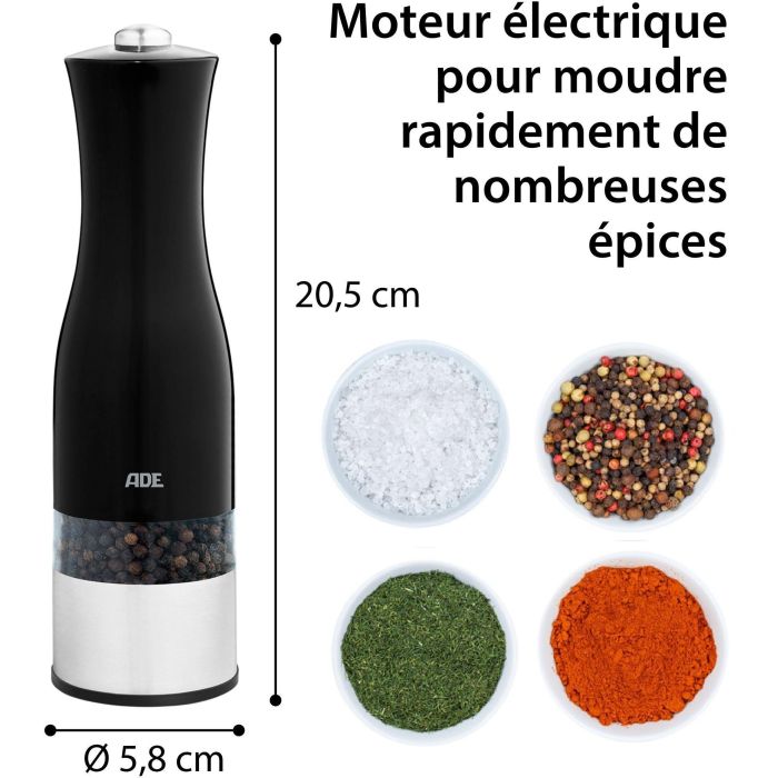 Molinillo eléctrico de sal y pimienta - ADE - UTENSILIOS DE COCINA - Acero inoxidable/Plástico - 22,5 cm de alto - Incluye 6 pilas AAA - Negro 4