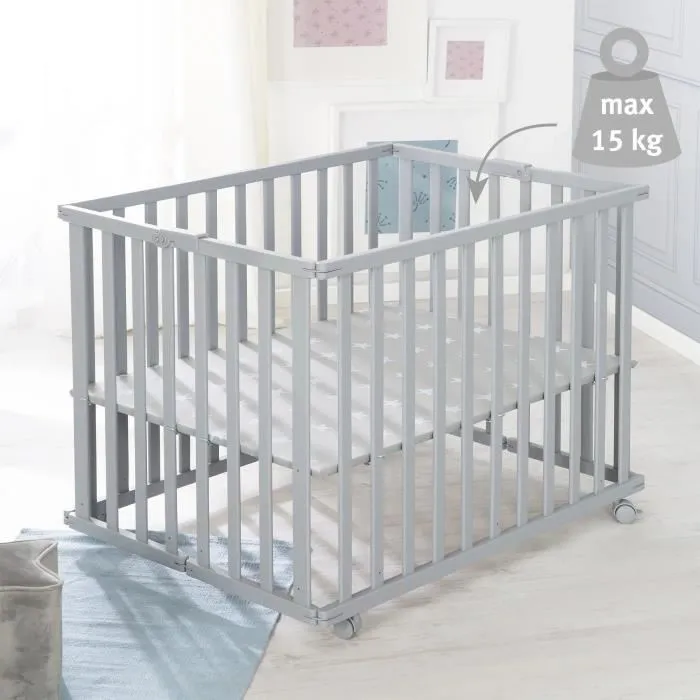 Roba Parque infantil plegable LITTLE STARS ROB4005317315416 75 x 100 cm Altura regulable 4 ruedas con freno Madera lacada gris topo Estampado estrellas 5