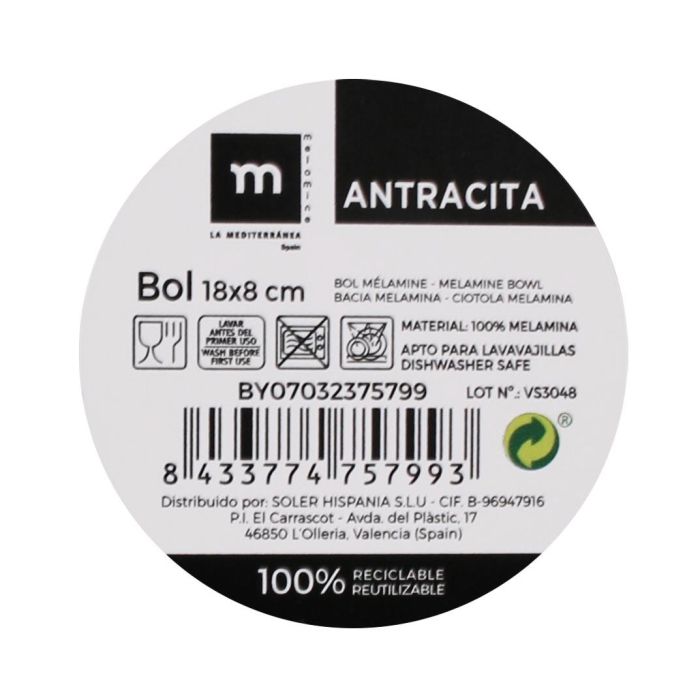 Bol de melamina antracita 18x8 cm - La Mediterranea (24 Unidades) 1 Bol de melamina antracita 18x8 cm - La Mediterranea (24 Unidades) 1