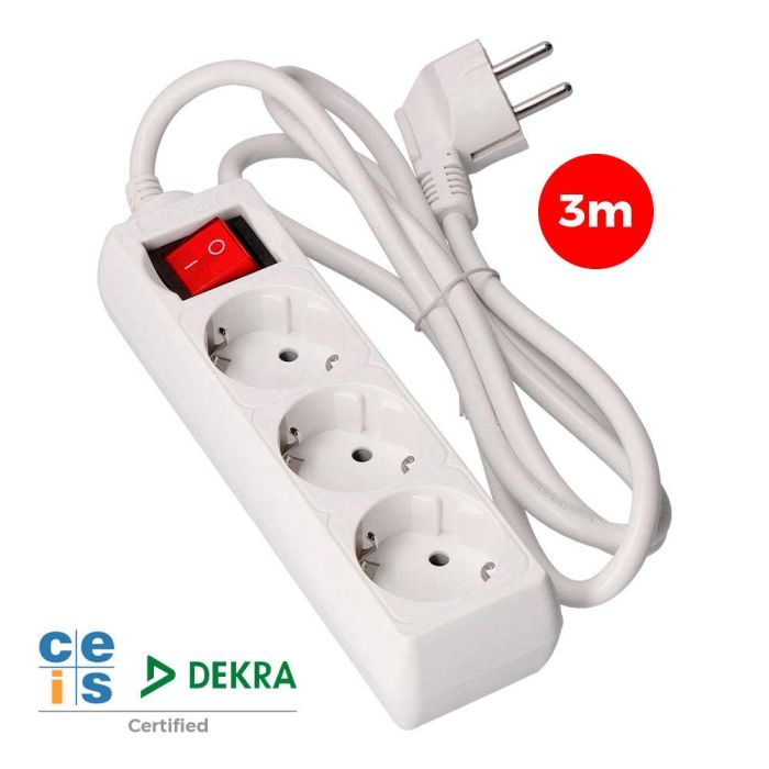 Prolongador con 3 tomas 2p+t, 16a 250v~ con interruptor luminoso, 3 m de cable h05vv-f 3g1,5mm² blanco