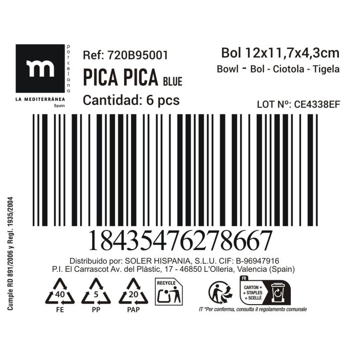 La Mediterranea Bol Aperitivo Pica-Pica Blue 12 x 11.7 x 4.3 cm (24 Unidades)