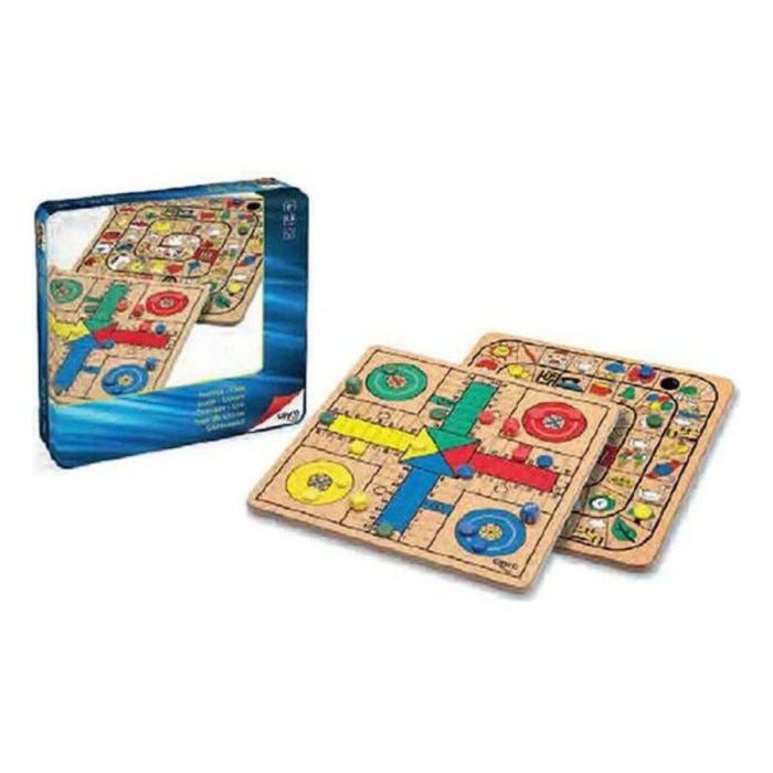 Juego parchis 4 y oca de madera en caja de metal 25,5x25,5 cm