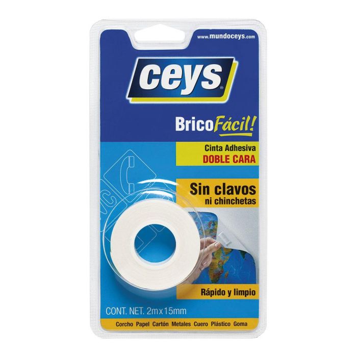 Ceys Cinta Adhesiva Doble Cara Bricofácil Instantánea 15 mm x 2 m para Múltiples Superficies Lisas