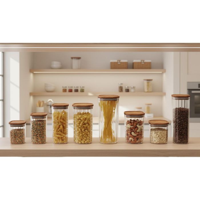 Inde Tarro Boro Silicato Térmico / Acacia Cuadrado 1100 ml para Almacenamiento La Mediterran (12 Unidades)