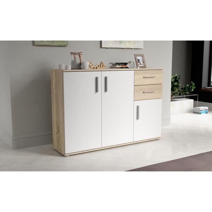 Mueble de almacenaje IKOLI - 3 puertas, 2 cajones - Decoración roble Sonoma y blanco - L119,6 x P31,4 x H81,7 cm - Tiradores de plástico 1 Mueble de almacenaje IKOLI - 3 puertas, 2 cajones - Decoración roble Sonoma y blanco - L119,6 x P31,4 x H81,7 cm - Tiradores de plástico 1