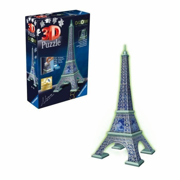 Ravensburger - Puzzle 3D Torre Eiffel Fosforescente 50 años - A partir de 10 años - 216p numerados para montar sin pegamento - Accesorios incluidos - 11591