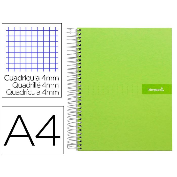 Cuaderno Espiral Liderpapel A4 Crafty Tapa Forrada 80H 90 gr Cuadro 4 mm Con Margen Color Verde 5 unidades