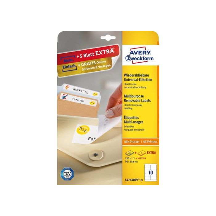 Avery Etiquetas Adhesivas Removibles 96x50,8 mm Inkjet-Láser 10 X 25H Blanco 1