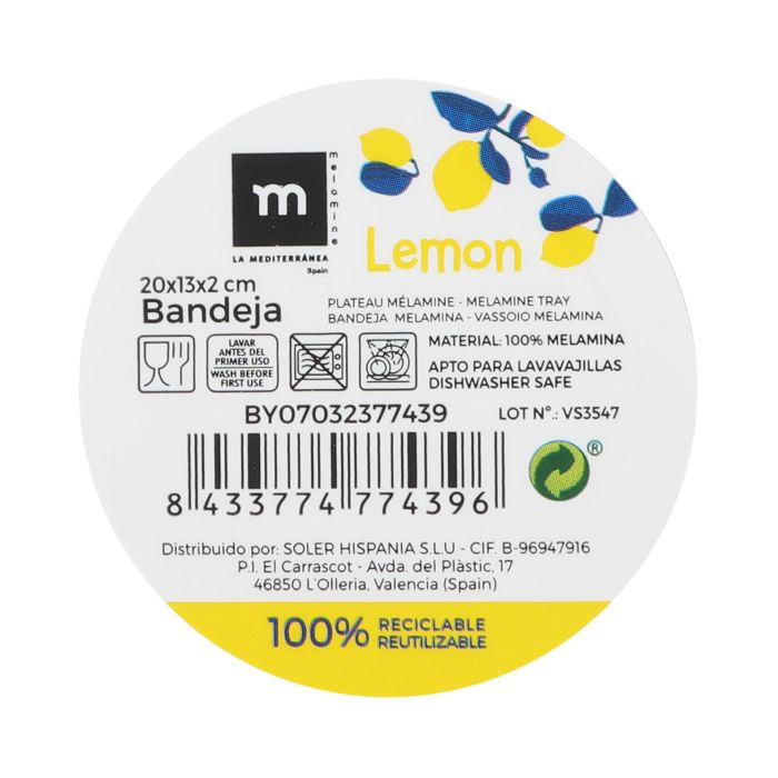 Bandeja Melamina Brillo Lemon 20x13x2 cm La Mediterranea (24 Unidades) 1 Bandeja Melamina Brillo Lemon 20x13x2 cm La Mediterranea (24 Unidades) 1