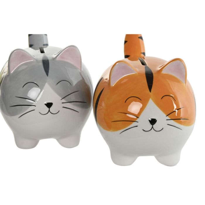 DKD Home Decor Hucha Infantil Gato de Dolomita Gris y Amarillo 11x13x16 cm Pack de 2 Unidades 2