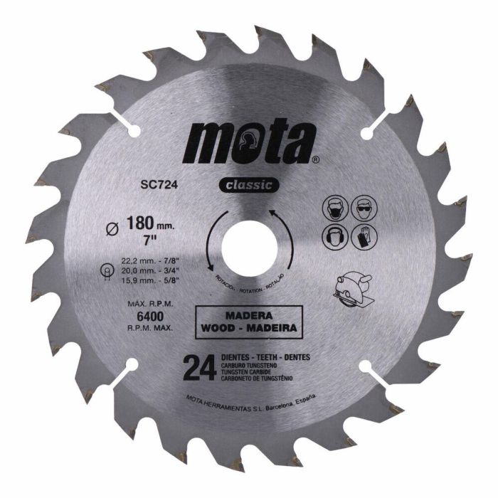 Mota Herramientas SC724 Sierra Circular de Widia Ø180 mm 24 Dientes de Carburo de Tungsteno para Madera
