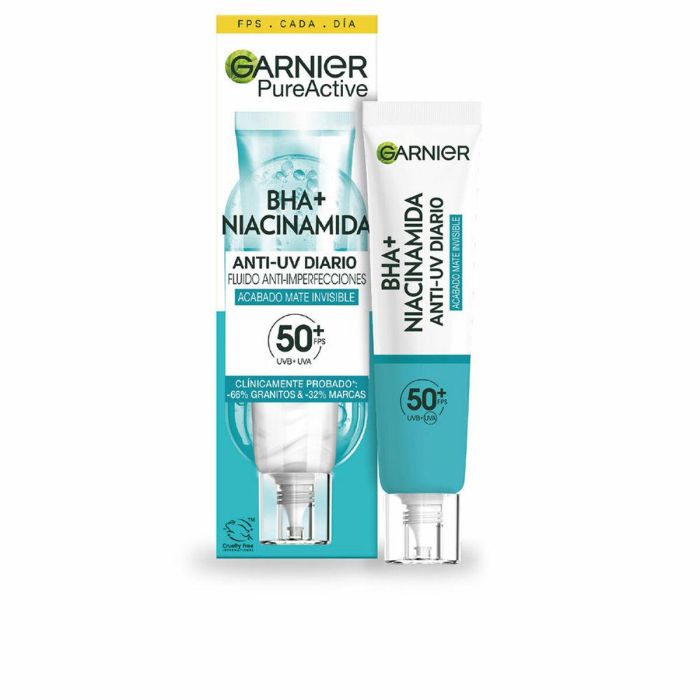 Garnier Z70038253/1 Pure Active Fluido Anti-Imperfecciones BHA Niacinamida SPF50+ para Acné, Granitos, Poros y Piel Grasa Matificante 40ml