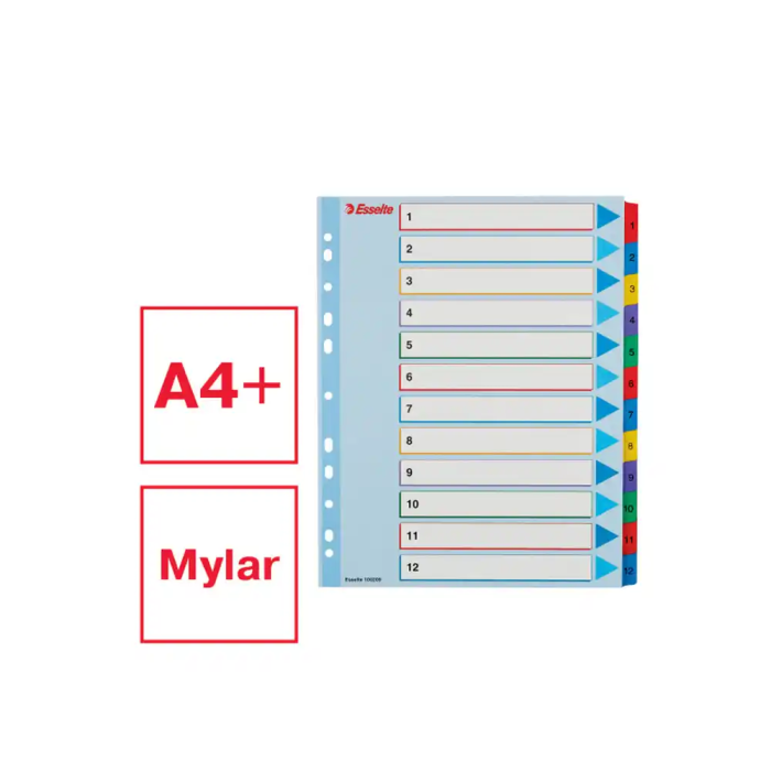 Indice Esselte Cartulina Mylar Borrable Numerico A4+ Pestañas 1-12 11 Taladros 1
