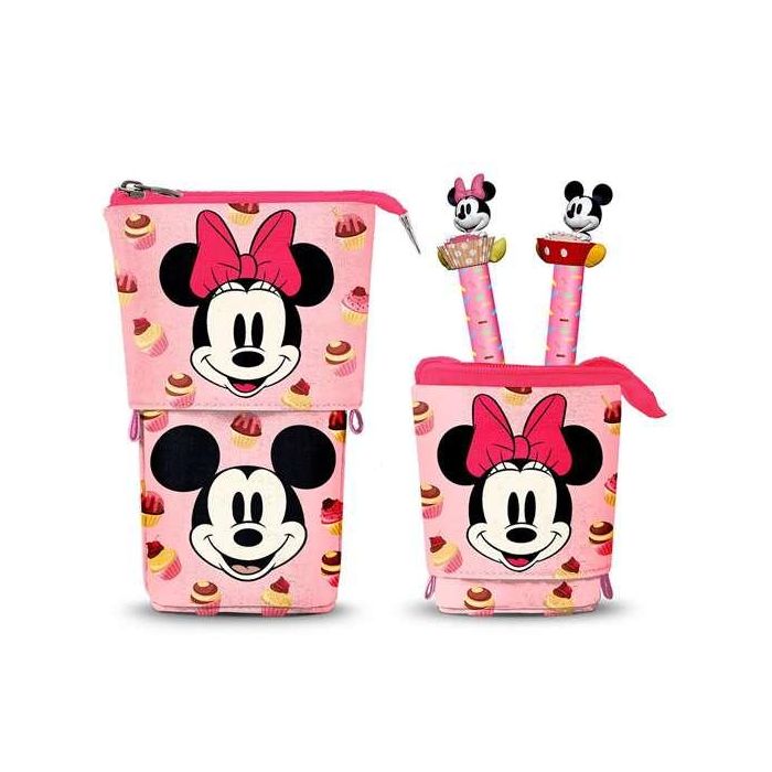 Disney Minnie Mouse Estuche Portatodo Vertical con Cremallera + 2 Bolígrafos de Gel Borrables Tinta Azul Muffin Rosa Poliéster