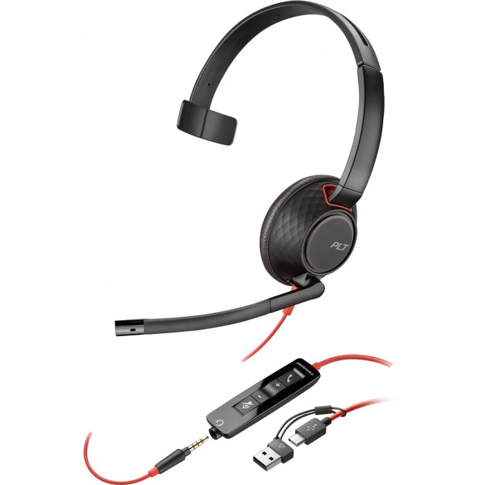 Poly 8X230A6 Auricular Mono Blackwire 5210, Micrófono con Cancelación de Ruido, Conectividad USB-C/A y 3.5mm, Negro