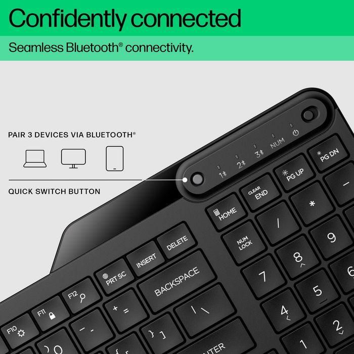 HP Compact Bluetooth keyboard supporting up to three devices, full-size layout, spill-resistant design, long battery life. 14