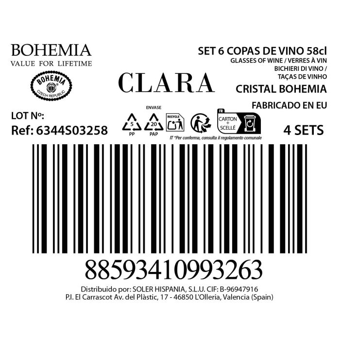 Bohemia Set 6 Copas de Vino Clara 580 cc, 7 cm x 9 cm x 23.5 cm (4 Cajas) 9