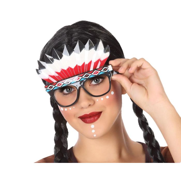 Gafas Nativa Americana con Plumas Rojas y Blancas para Adulto | Accesorio Temática Lejano Oeste Multicolor