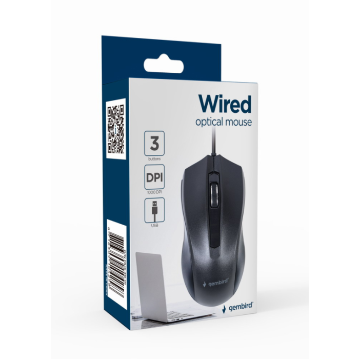 Gembird MUS-3B-01 Ratón de Oficina Óptico Ambidextro USB con Cable Negro 1000 DPI, 3 Botones y Rueda.