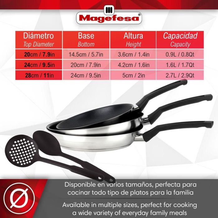 Sartén Magefesa Plateado Acero Inoxidable Ø 24 cm Ø 20 cm Ø 28 cm 3 Piezas (3 Unidades) 6