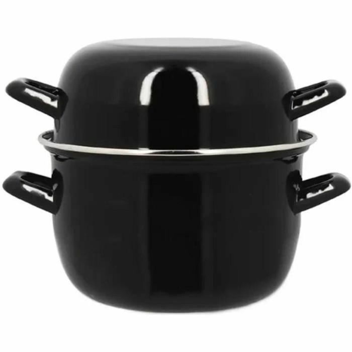 THEKITCHENETTE 3645567 Olla para mejillones 2.7L Acero Esmaltado Negro, Tapa Reversible Plato/Conchas, Todas Fuentes de Calor Inducción 20cm