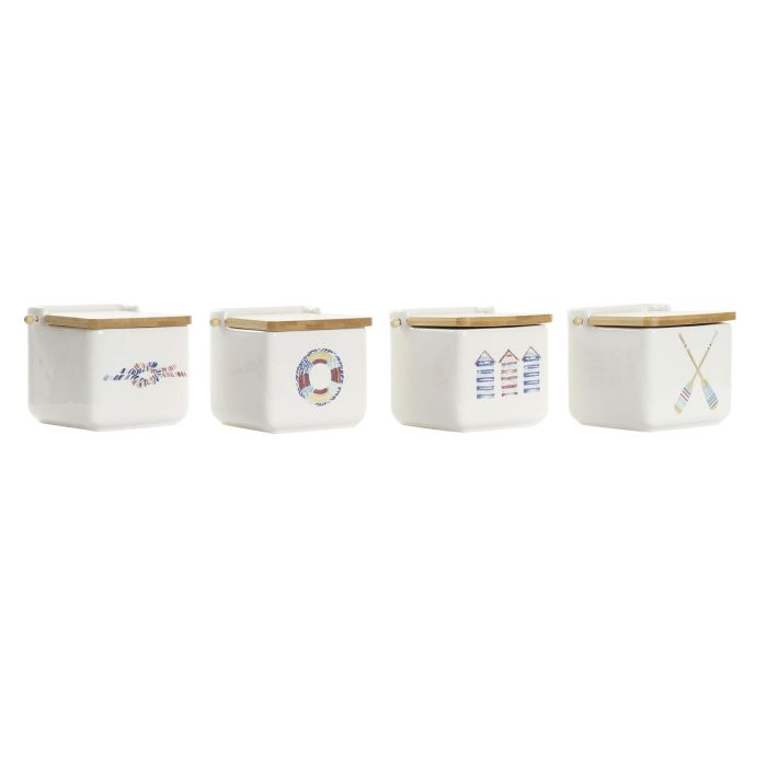 DKD Home Decor Set de Saleros Mediterraneo Colección Salitre 4 Unidades Multicolor 750ml 12.5x11.5x12.5cm Dolomite Bambú Apto Microondas y Lavavajillas