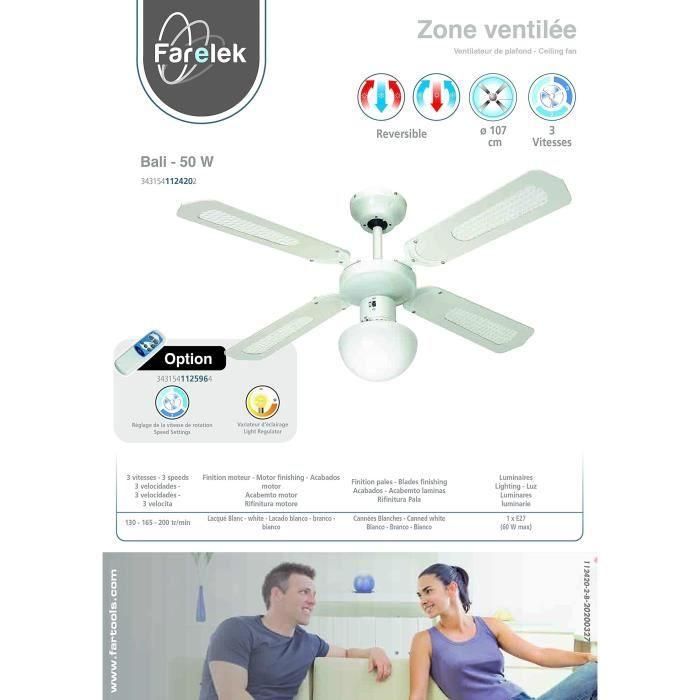 FARELEK - BALI Ø 107 cm - Ventilador de techo reversible, 4 palas blancas / bastones blancos + iluminación - 112420 2 FARELEK - BALI Ø 107 cm - Ventilador de techo reversible, 4 palas blancas / bastones blancos + iluminación - 112420 2
