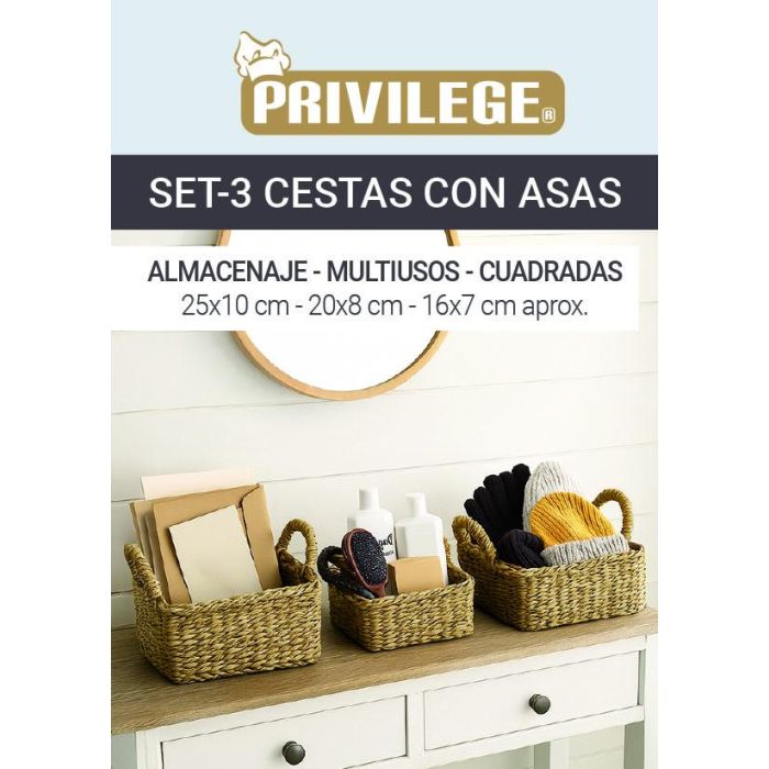Privilege Set 3 Cestas Cuadradas con Asas 25 cm, 20 cm, 16 cm 8 Privilege Set 3 Cestas Cuadradas con Asas 25 cm, 20 cm, 16 cm 8