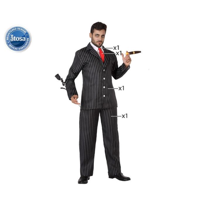 Disfraz Hombre Adulto Gangster Mafioso Años 30 con Raya Diplomática Negro para Halloween - Chaqueta, Pantalón, Corbata y Cuello Talla M-L Disfraz Hombre Adulto Gangster Mafioso Años 30 con Raya Diplomática Negro para Halloween - Chaqueta, Pantalón, Corbata y Cuello Talla M-L