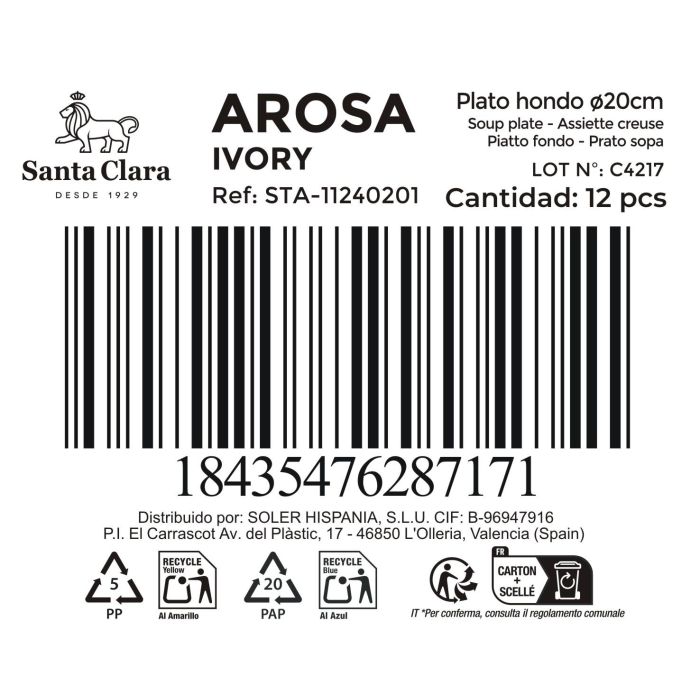 La Mediterranea Plato Hondo Arosa Ivory Ø20 cm, Plato Sopa o Postre, Vajilla, Colección S. Clara (12 Unidades)