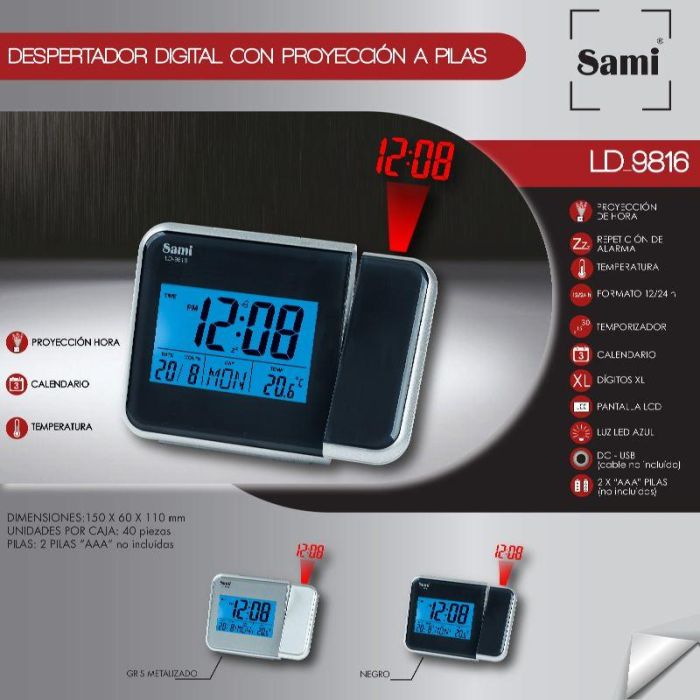 SAMI Despertador con Proyección LCD y Termómetro, Color Plata Oscuro, Funciona a Pilas, Referencia: DESPERTADOR SAMI LCD CON PROYECCION A PILAS/ TERMO. PLATA OSCURO