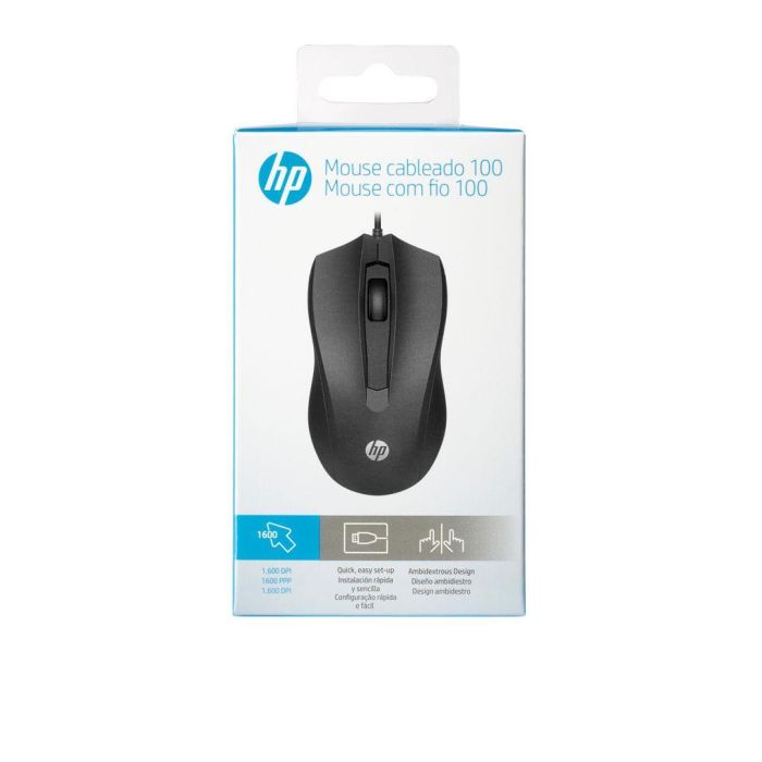 HP Mouse con Cable 100, Diseño Ambidiestro Ergonómico para Comodidad Todo el Día y Movimientos Fluidos
