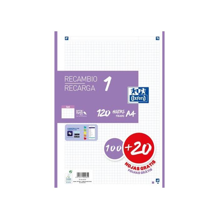 Oxford Recambio Classic 120 Hojas A4 Sueltas 90 gr 5x5 mm 4 Taladros 1 Banda Color Malva