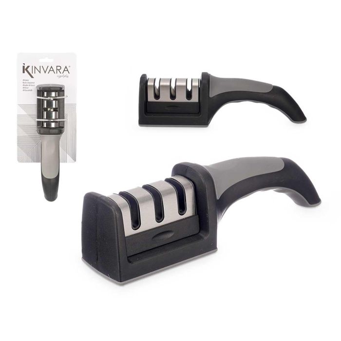 Kinvara Afilador de Cuchillos Manual con Mango Antideslizante, Hojas de Acero y Cerámica, Negro/Plata 21x6.5x5.5 cm (24 Unidades)