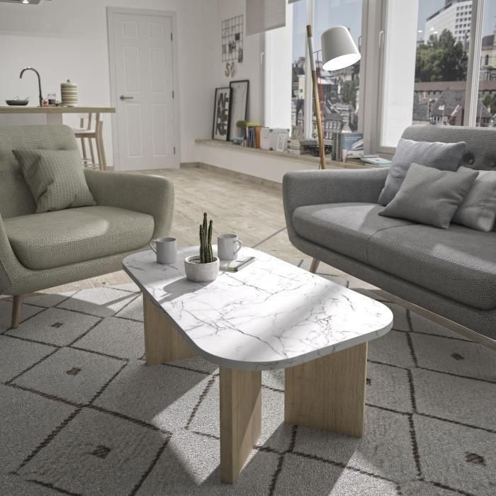 Mesa de centro ovalada - QUARTZ - Imitación mármol blanco - Patas gruesas de roble - 105 x 58 x 39 cm - DIAGONE 1 Mesa de centro ovalada - QUARTZ - Imitación mármol blanco - Patas gruesas de roble - 105 x 58 x 39 cm - DIAGONE 1