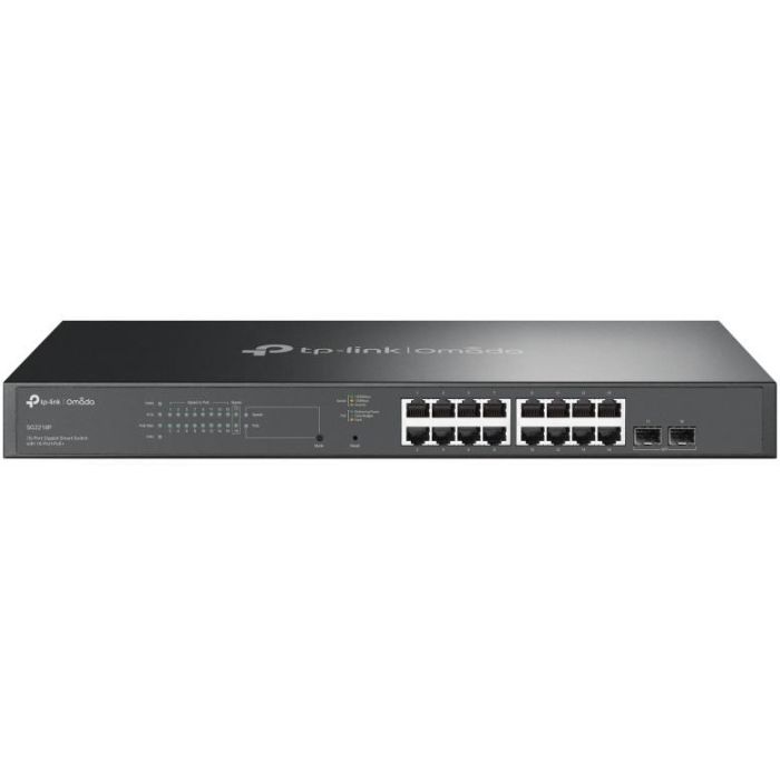 TP-LINK JetStream? 18-Port Gigabit Smart Switch with 16-Port PoE+ PORT: 16× Gigabit RJ45 Ports, 2× Gigabit SFP Slots SPEC: 802.3at/af, 150 W PoE Powe