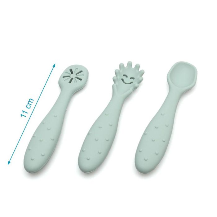 KioKids Little sauvages Set de 3 Cubiertos de Silicona Verde para Bebé, Pre-Cuchara Cuchara Pre-Tenedor, Apto Lavavajillas, +6 Meses